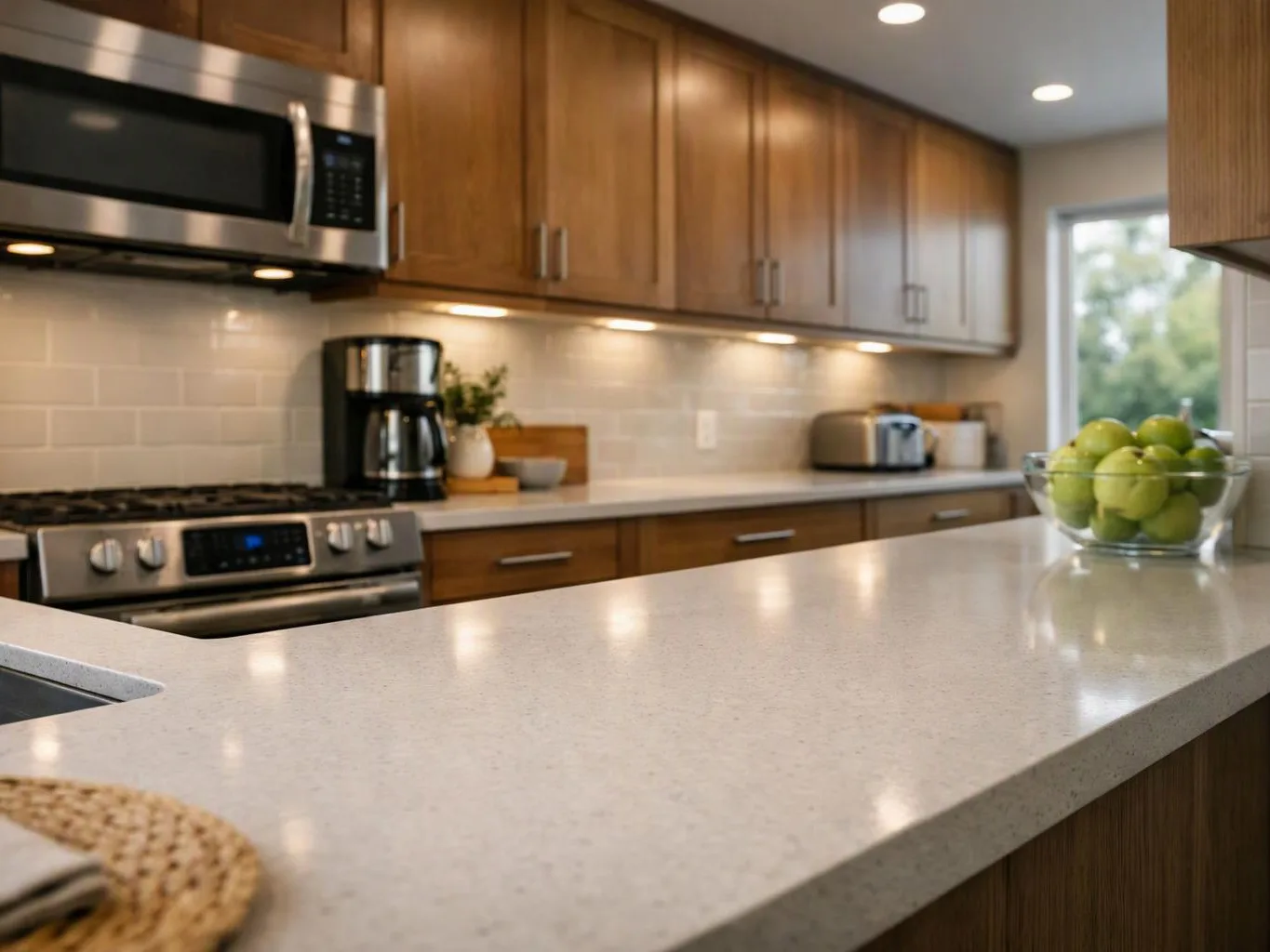 A bright kitchen shows wood cabinets, a white island, stainless appliances, and a bowl of green apples