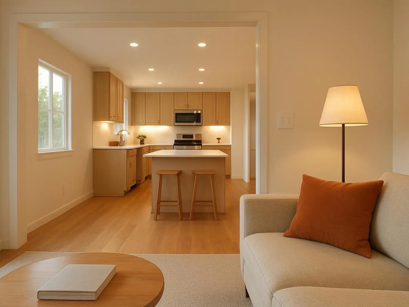 A bright living room opens to a modern kitchen, with a sofa, floor lamp, coffee table, island, and stools