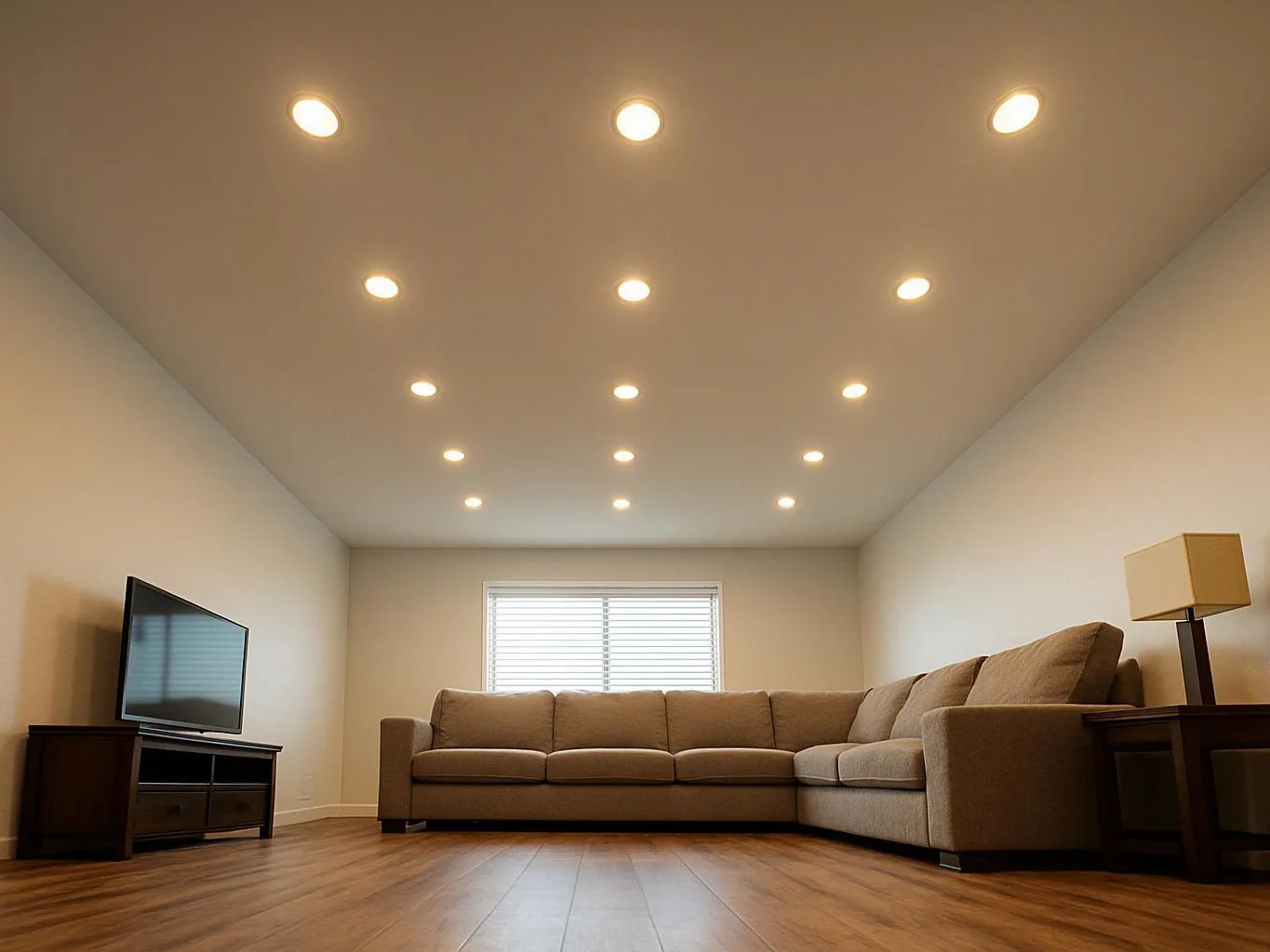 A bright living room shows a beige sectional, TV stand, side table lamp, window blinds, and recessed ceiling lights