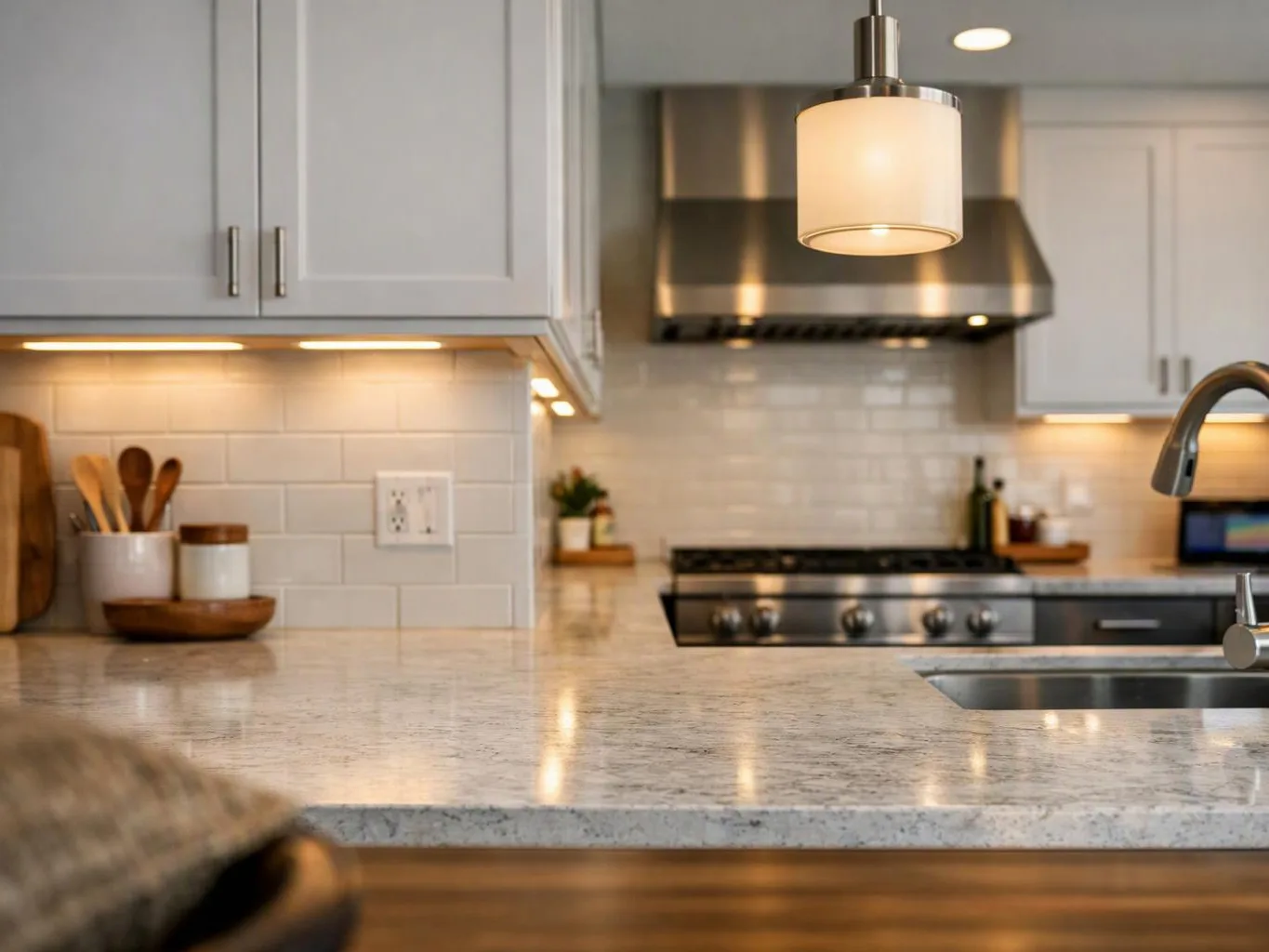 A bright modern kitchen shows a stone island, white cabinets, and stainless steel appliances under warm lights