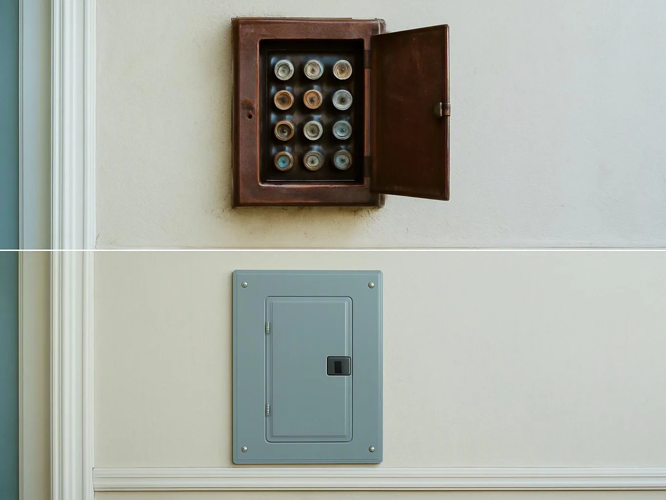 A brown open electrical box with fuses sits above a closed gray breaker panel on a wall