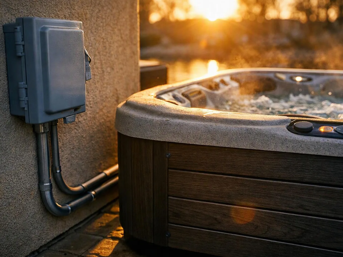 A bubbling hot tub sits beside a stucco wall with a gray electrical box and pipes at sunset
