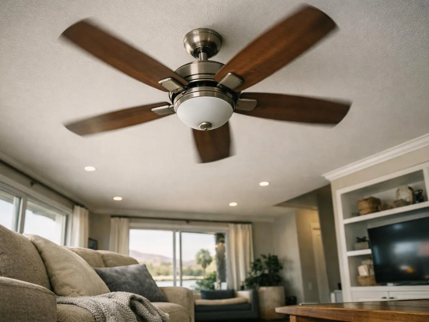 A ceiling fan spins above a bright living room with a sofa, TV, and large windows