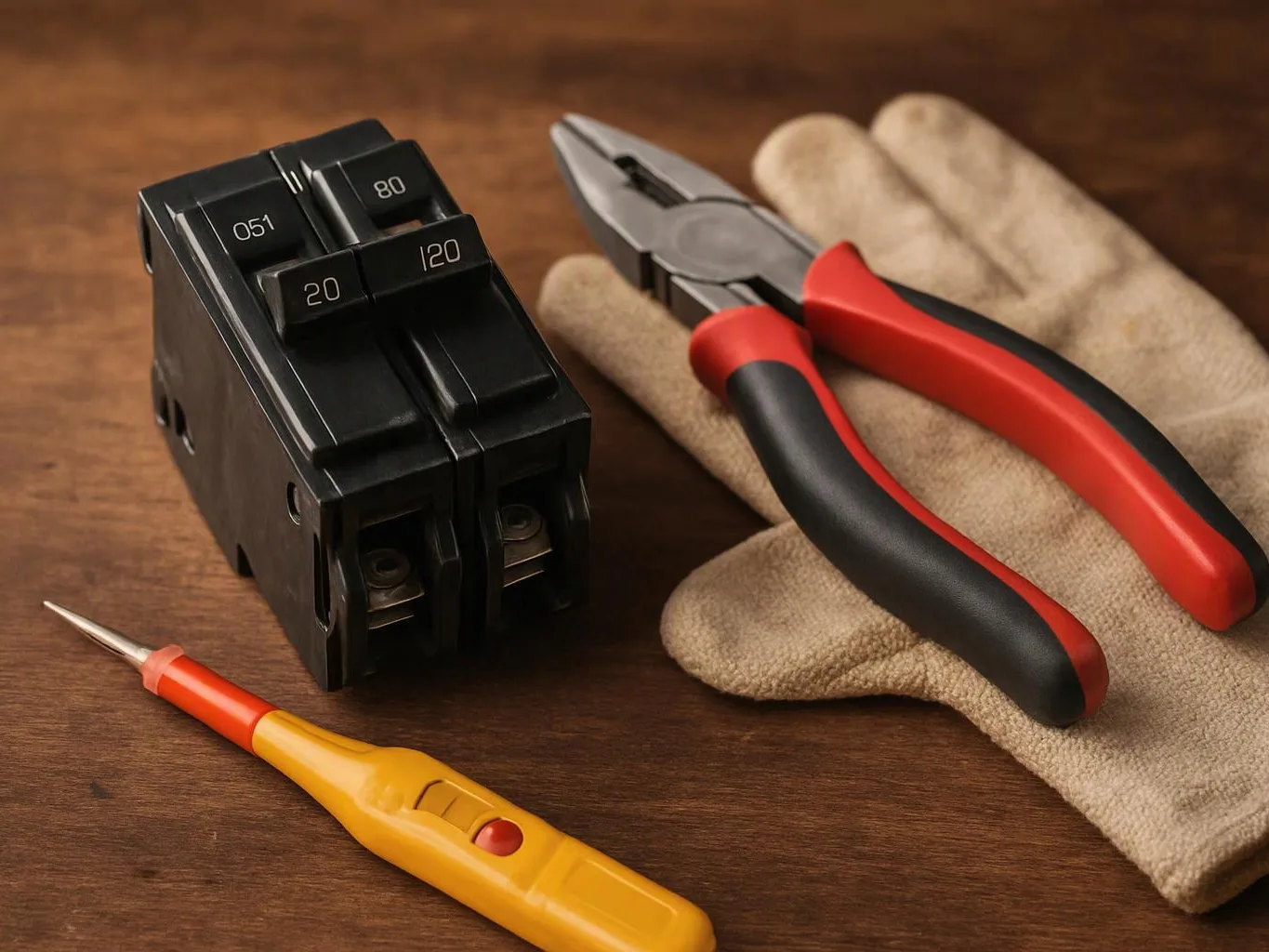 A circuit breaker, pliers, a glove, and a voltage tester rest on a wooden workbench