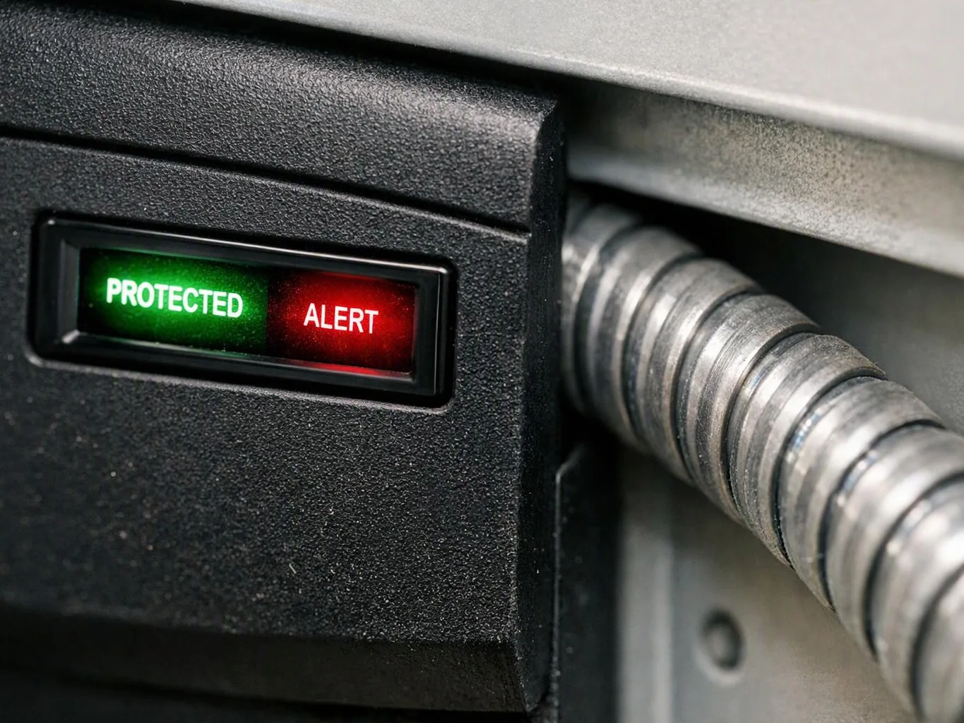 Close-up of a black device with green protected and red alert lights beside a metal conduit
