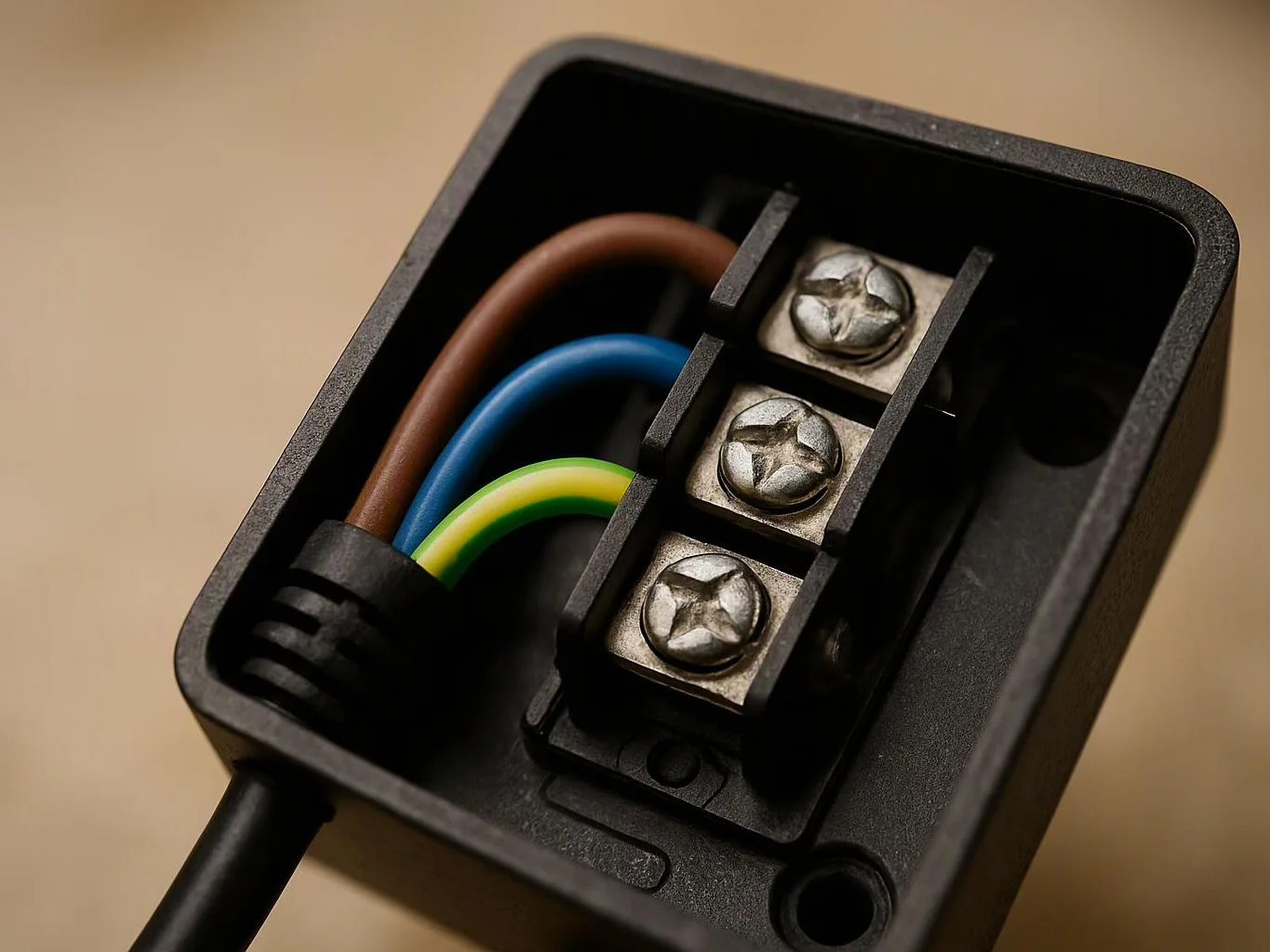 Close-up of a black electrical terminal box with brown, blue, and green-yellow wires clamped under three screws