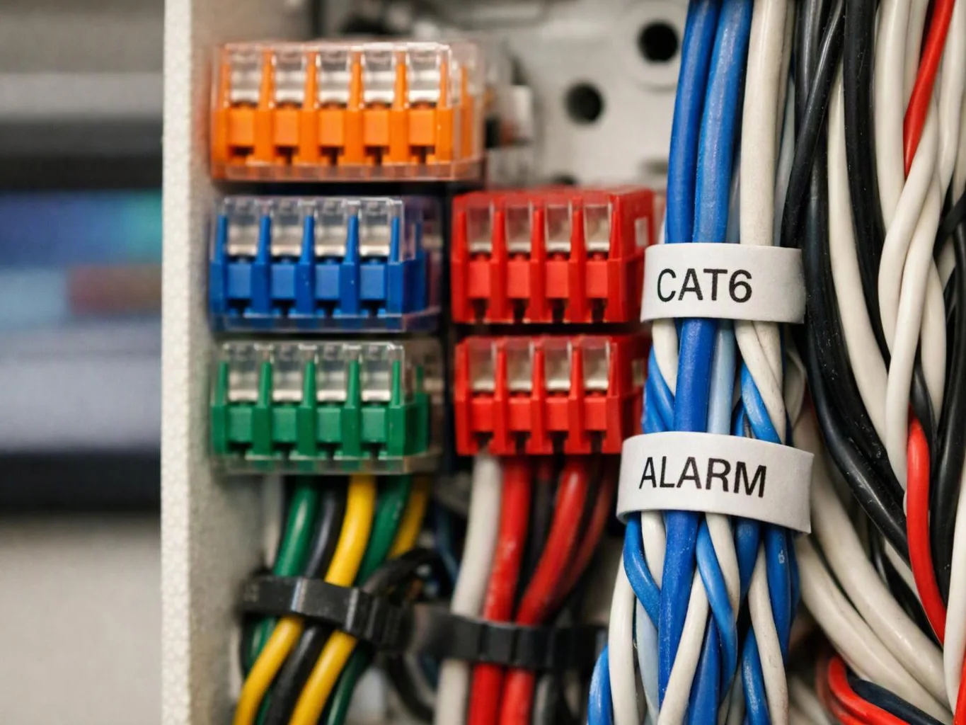Close-up of color-coded electrical terminals and bundled wires labeled CAT6 and ALARM inside a panel