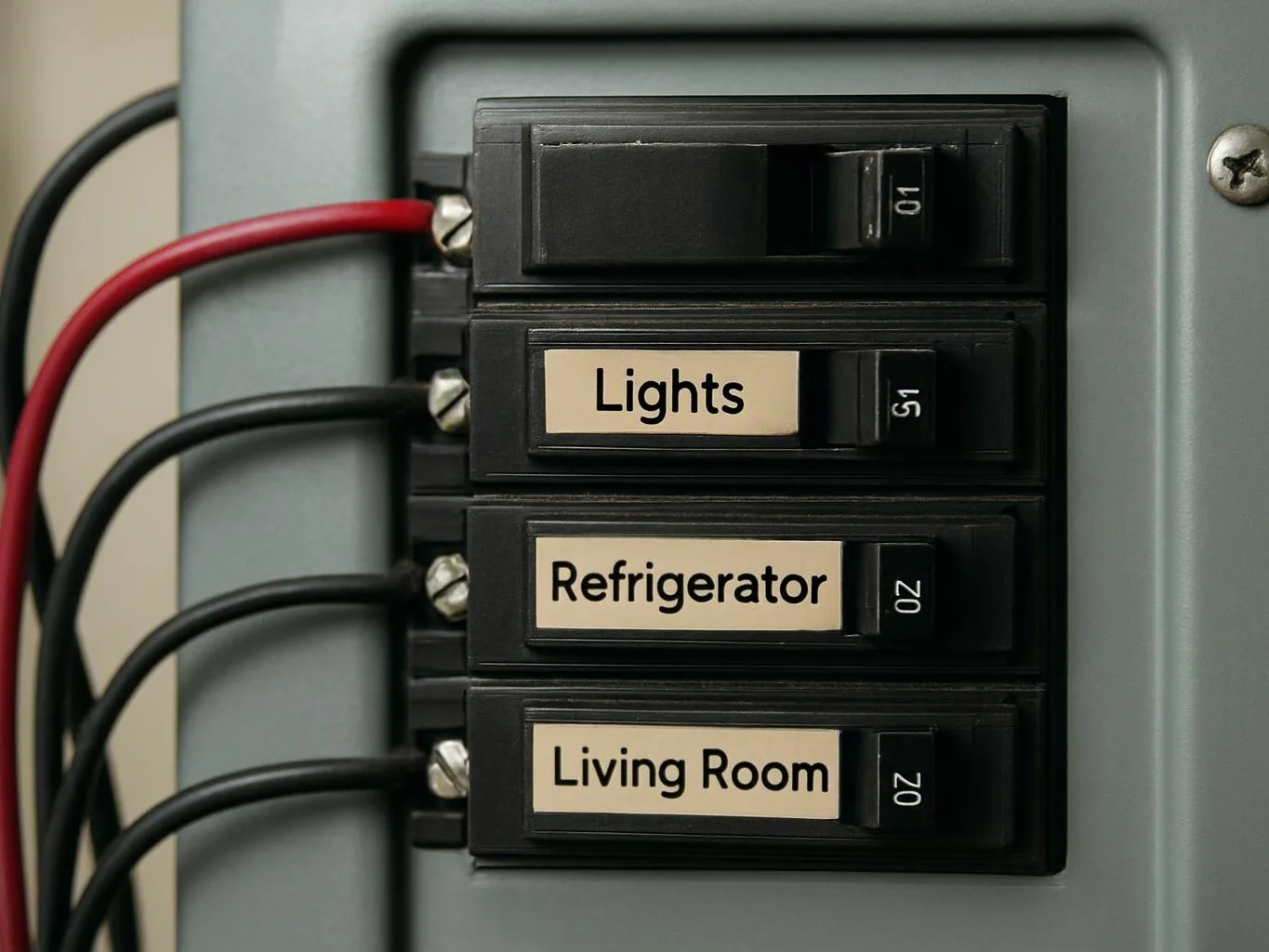 Close-up of an electrical breaker panel with labeled switches for Lights, Refrigerator, and Living Room