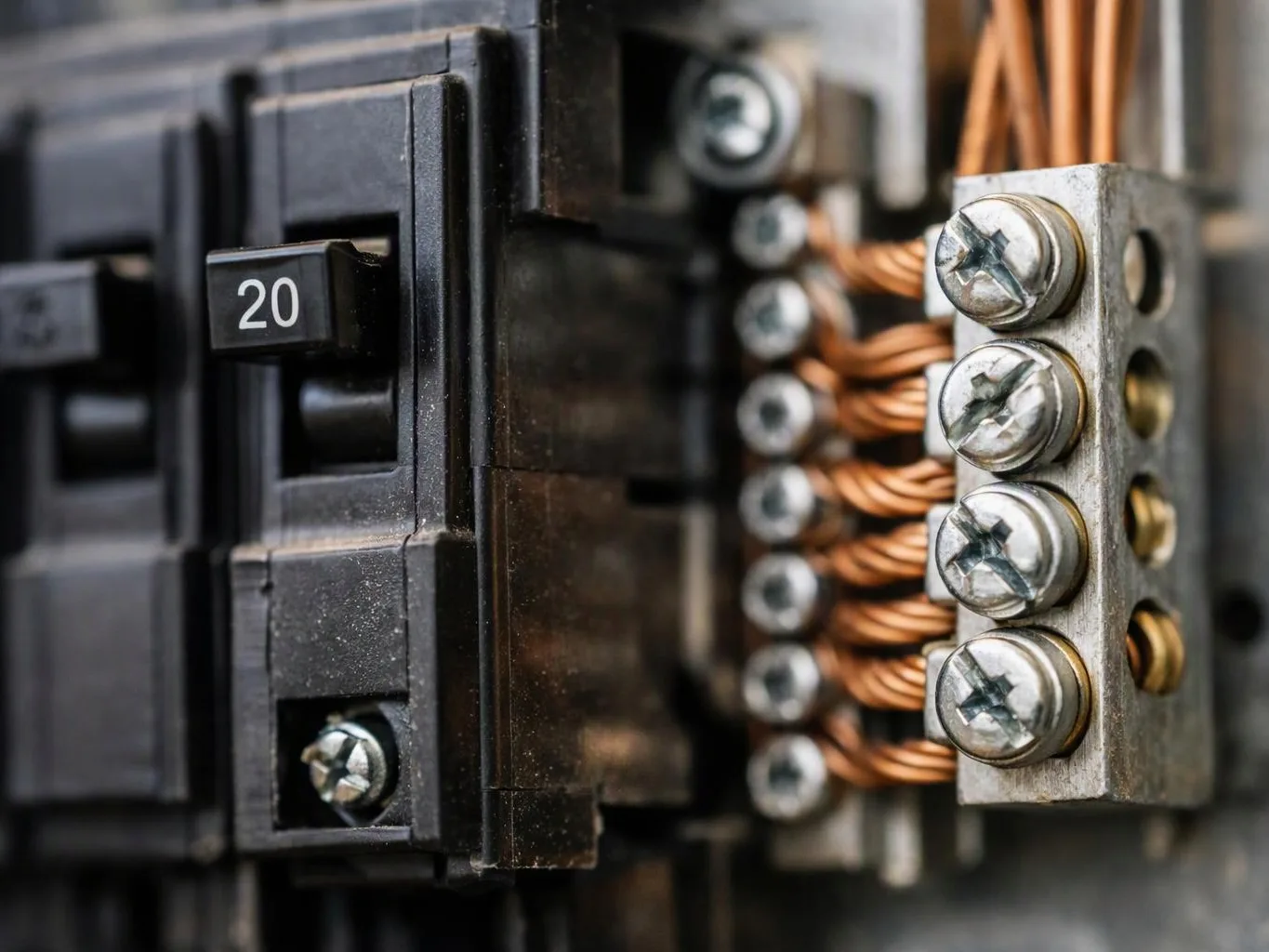 Close-up of an electrical breaker switch beside copper wires and screw terminals inside a panel