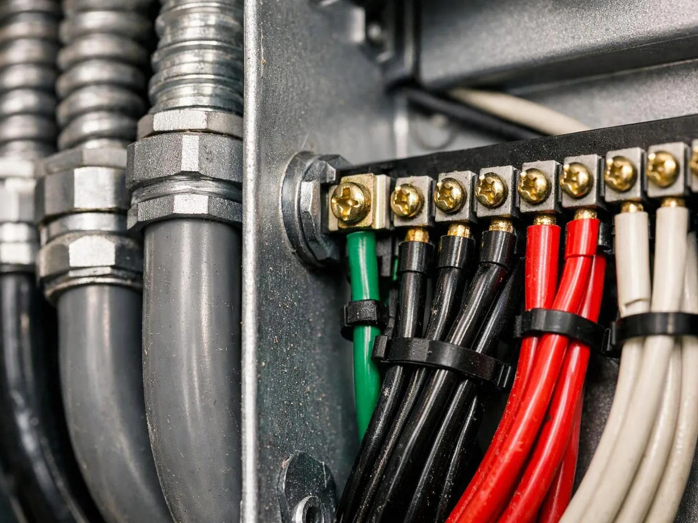 Close-up of electrical wires and metal conduits connected to a terminal strip inside a gray cabinet