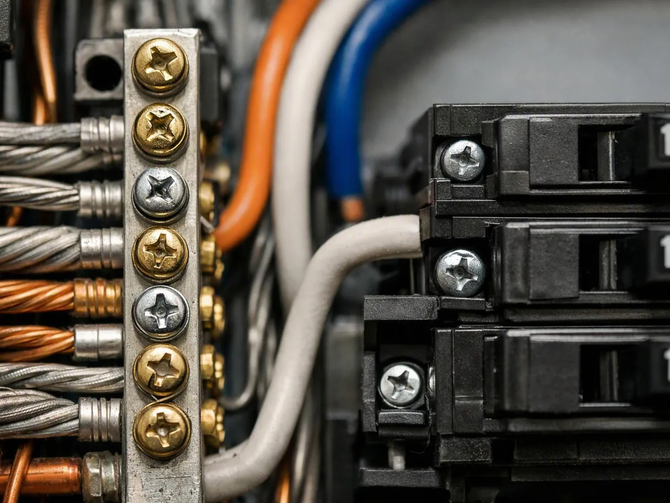 Close-up of electrical wiring, a metal terminal strip on the left and black breakers on the right