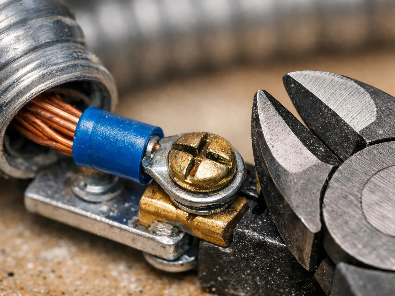 Close-up of pliers beside a wire terminal, with copper strands and a blue connector on a work surface