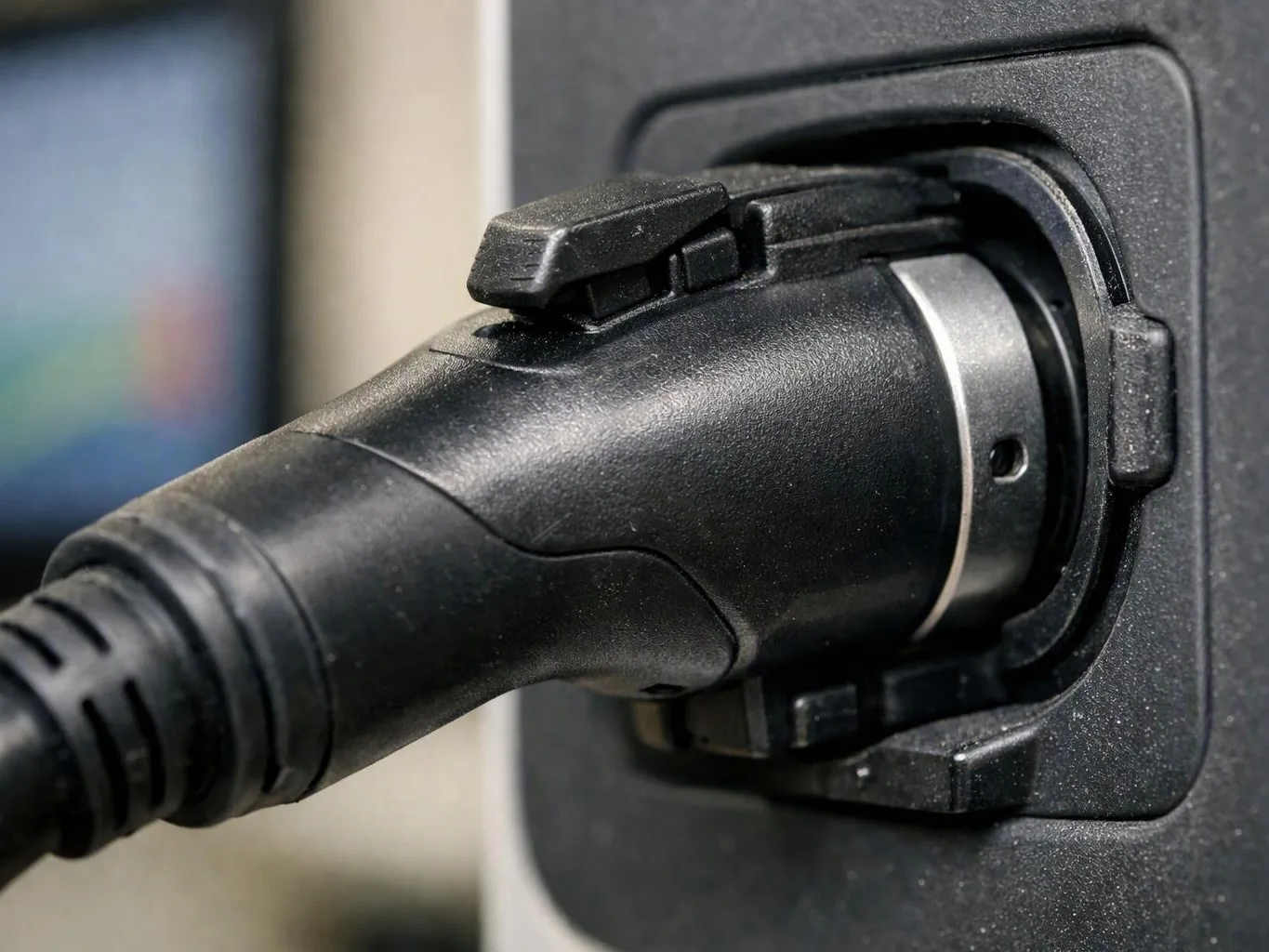A close-up shows a black charging plug locked into a vehicle charging port inside a dark panel