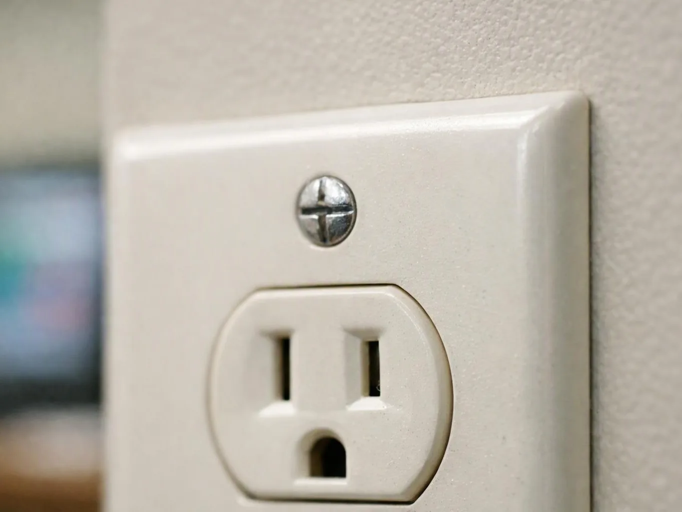 A close-up shows a white electrical wall outlet on a textured wall