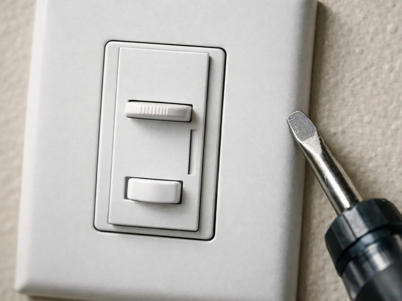 A close-up shows a white wall dimmer switch with a screwdriver beside it on a beige wall
