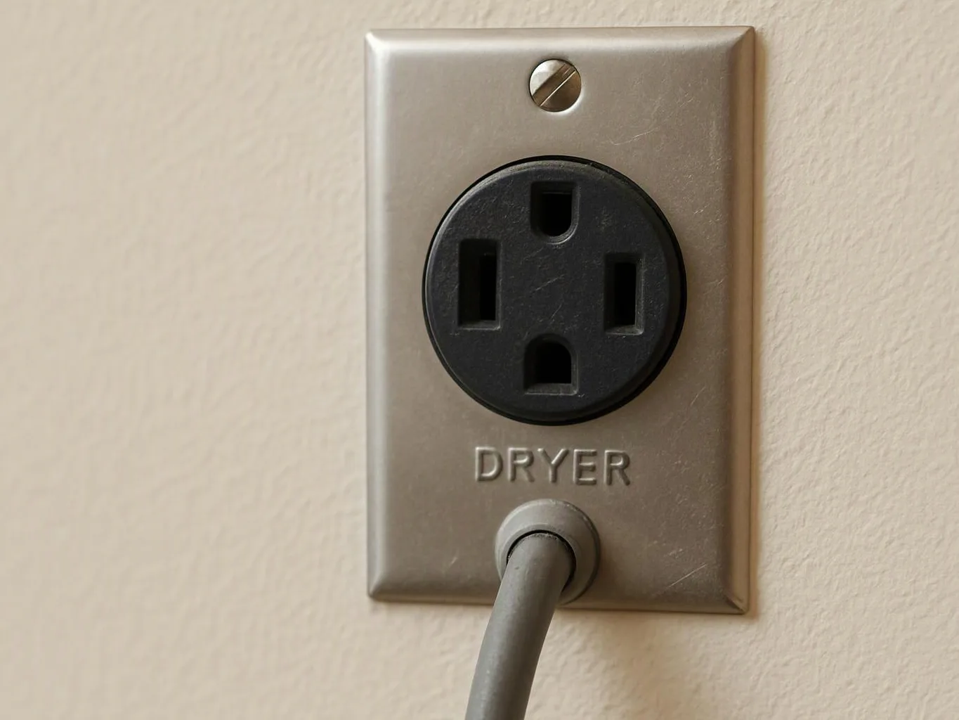 A close-up of a wall outlet labeled DRYER with a plug inserted into it