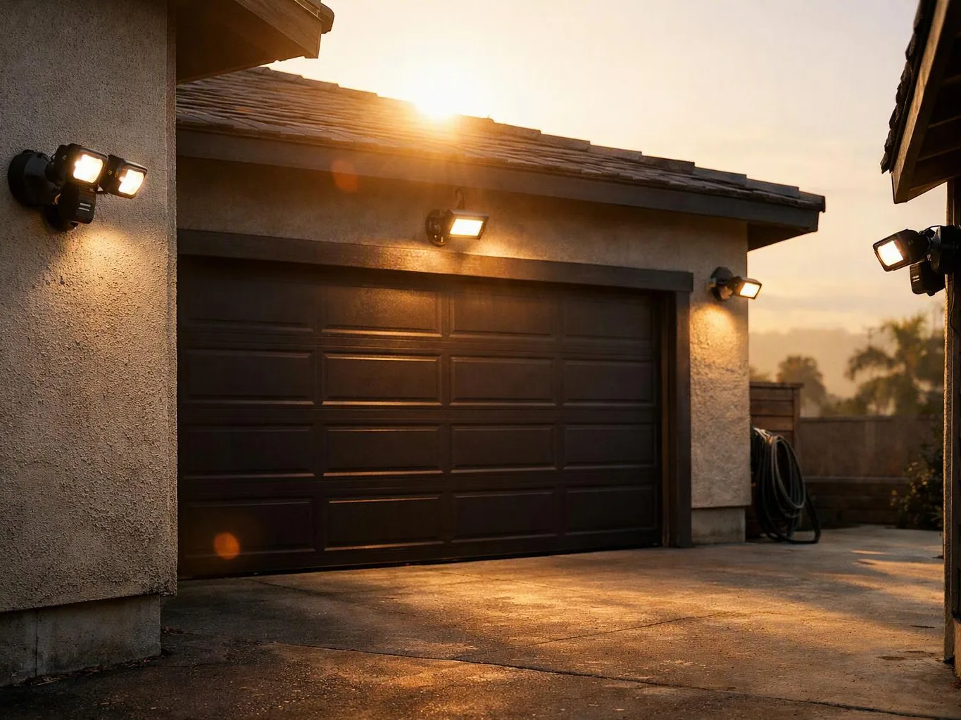A closed garage door sits between stucco walls, lit by mounted lamps at sunset
