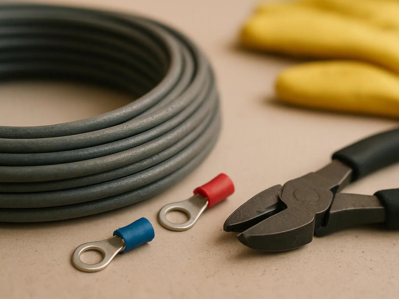 Coiled gray cable, insulated ring terminals, and wire cutters sit on a beige work surface