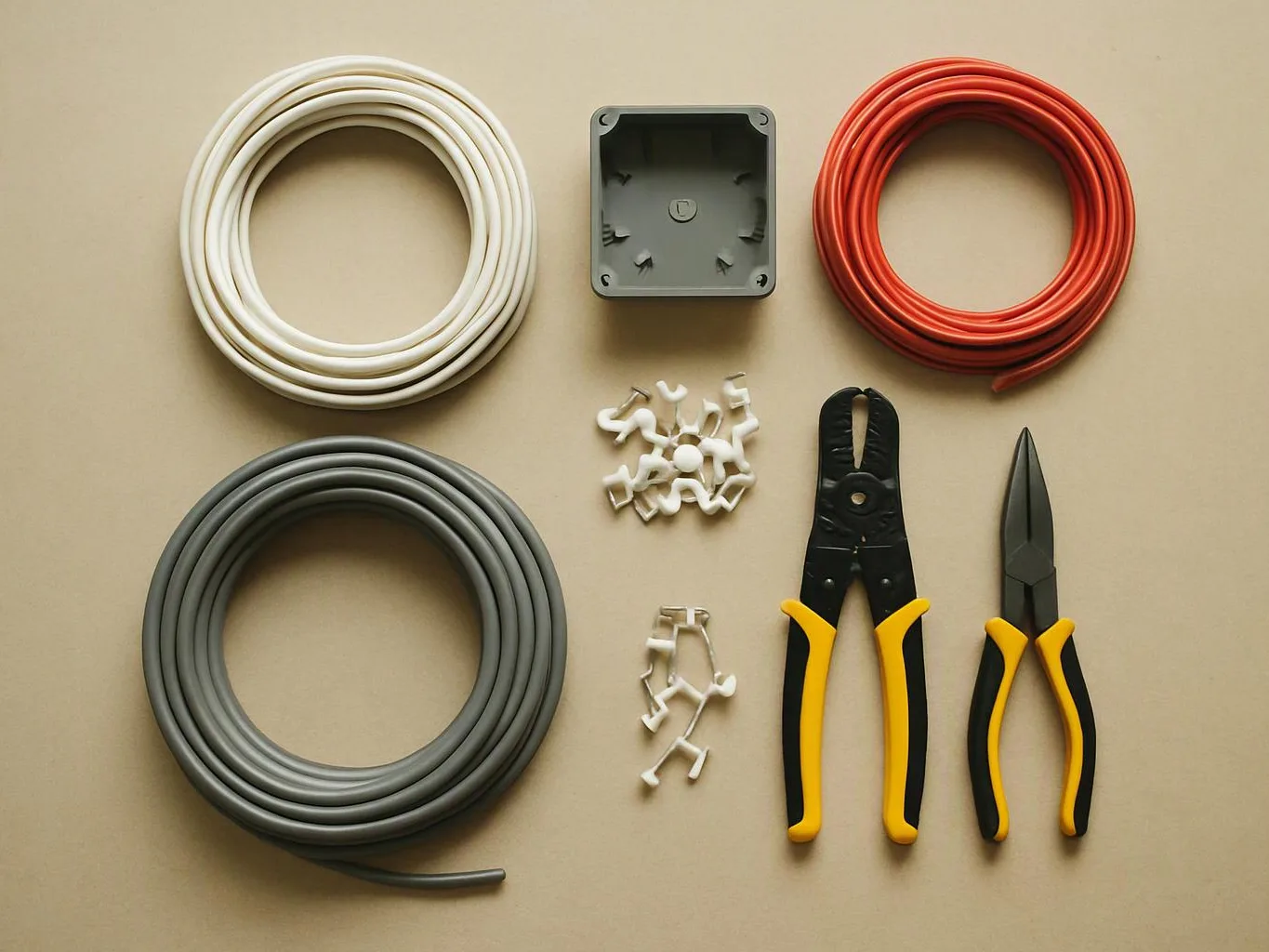 Coiled white, red, and gray cables, wire clips, a gray junction box, and two yellow handled tools lie on a beige surface