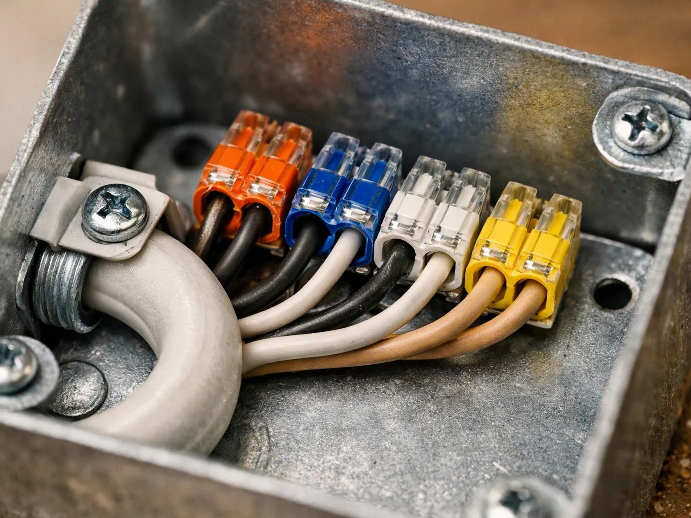 Color-coded electrical wires connect to clear plastic terminals inside a metal junction box