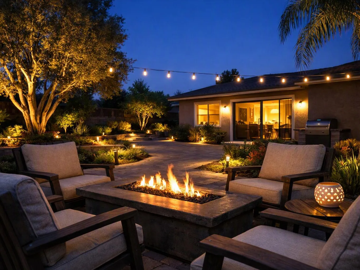 A cozy backyard patio glows at dusk, with a fire pit, cushioned chairs, string lights, and a lit house window