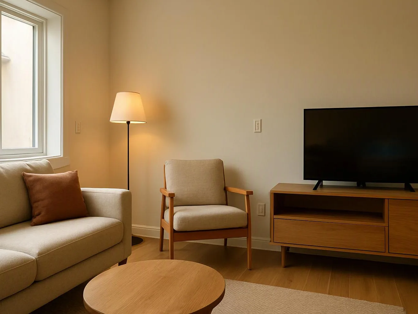 A cozy living room shows a beige sofa, armchair, floor lamp, wooden TV stand, and round coffee table