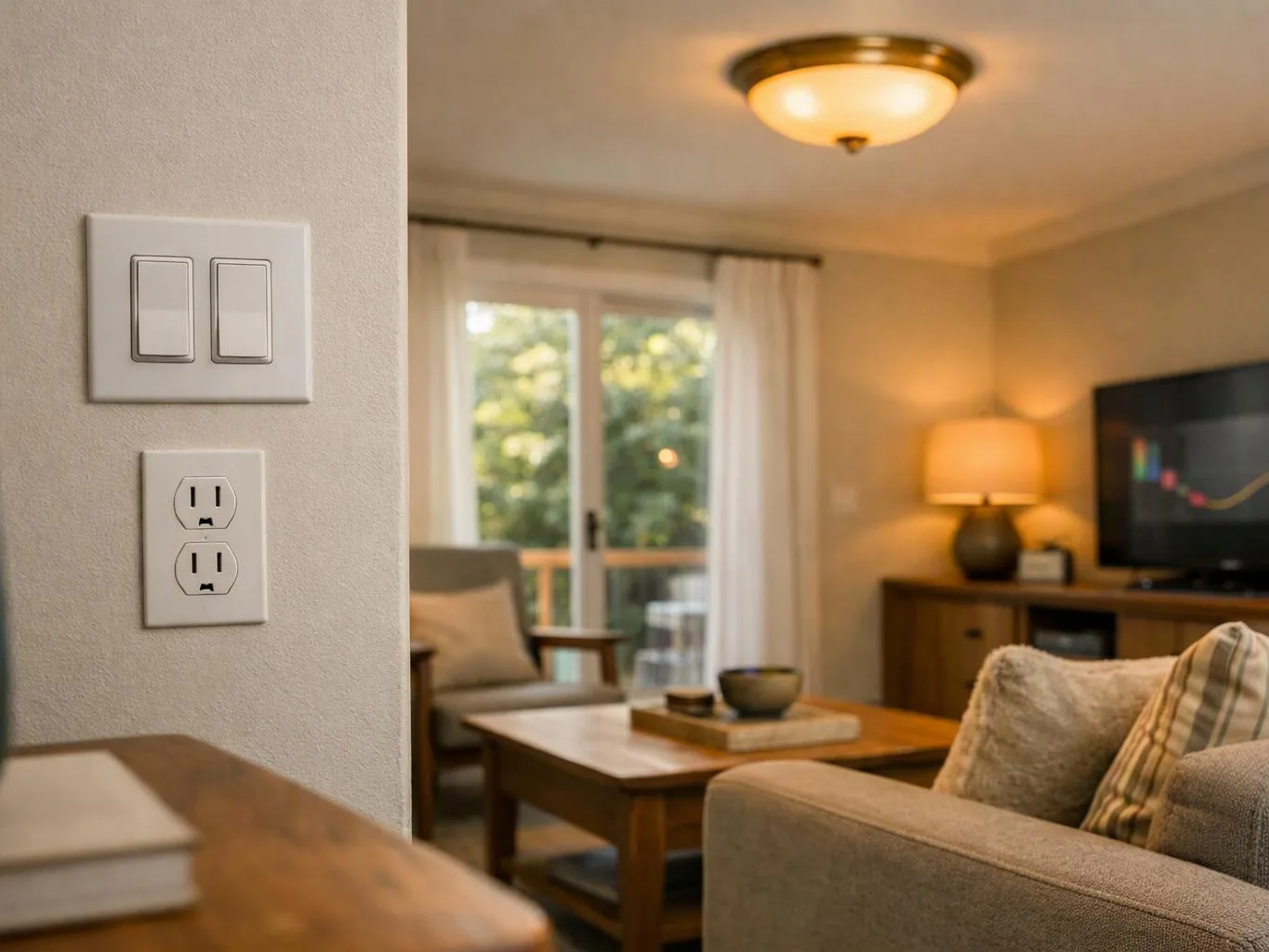 A cozy living room shows a light switch and outlet beside a sofa, coffee table, lamp, and sliding glass doors
