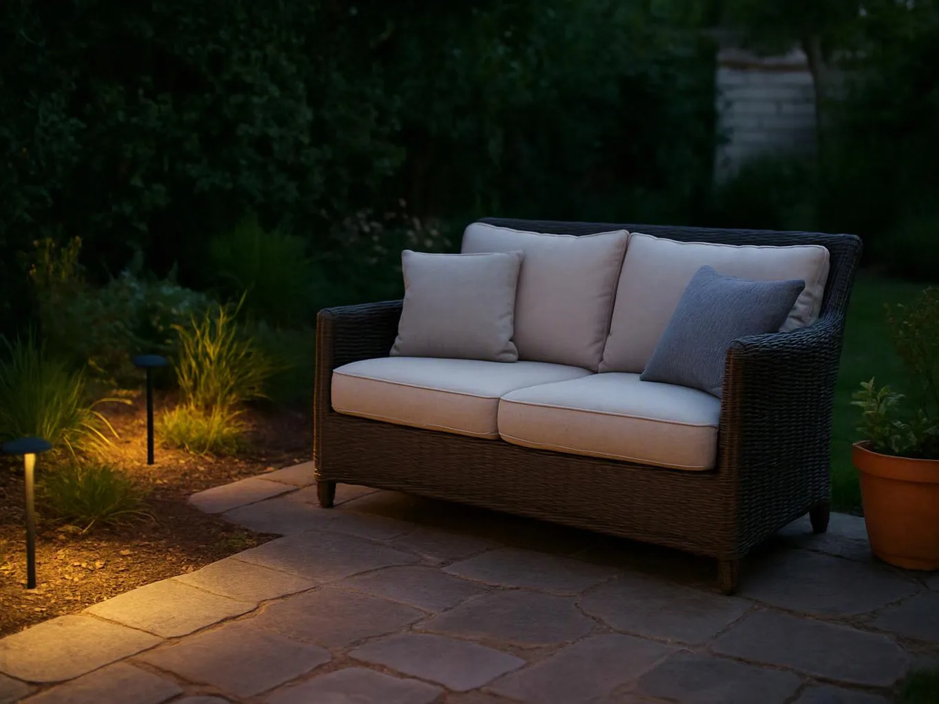 A cushioned outdoor sofa sits on stone pavers beside glowing garden lights and plants at dusk