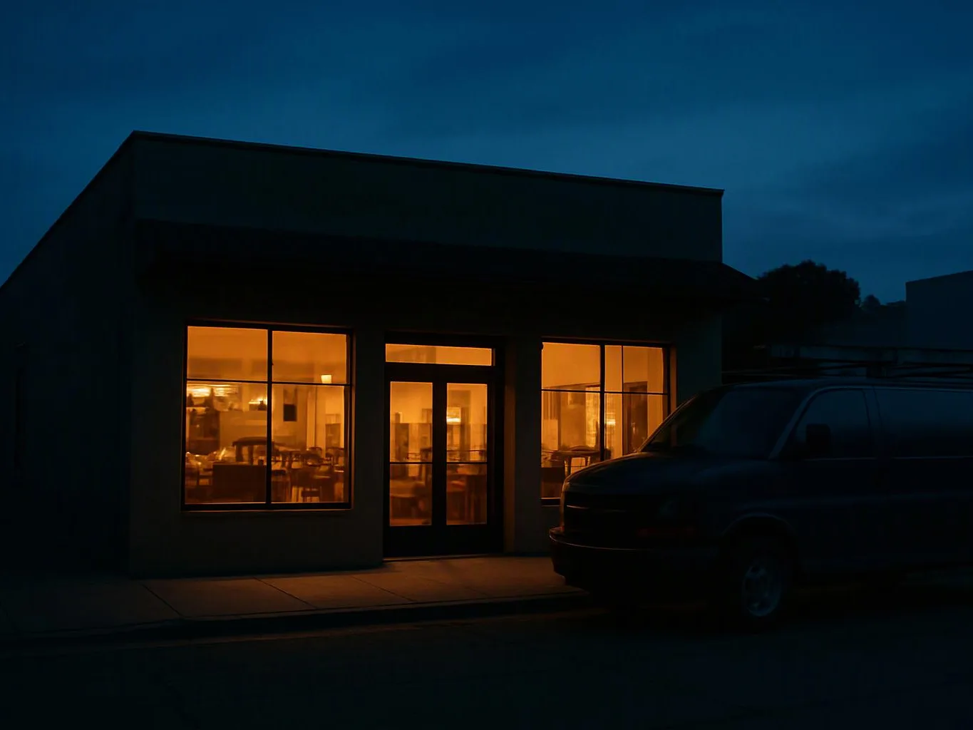 A dark building glows with warm interior light at dusk, while a van sits in the foreground