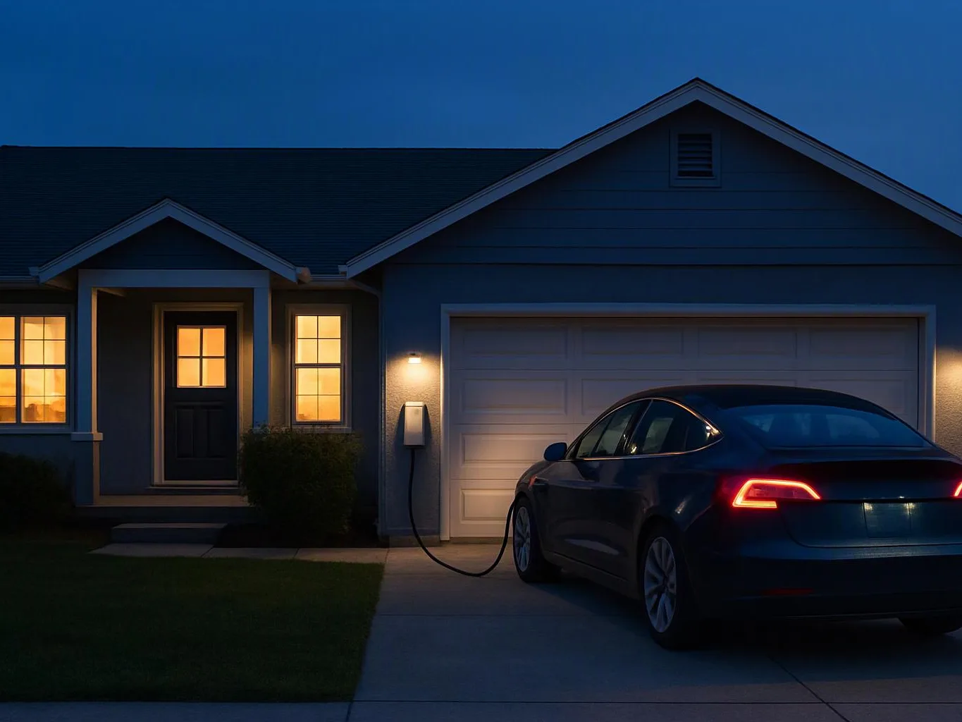 A dark sedan charges at a home garage at dusk, with warm windows glowing nearby