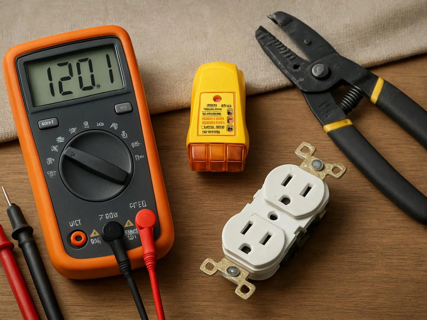 A digital multimeter, voltage tester, wire strippers, and duplex outlet sit on a wooden table