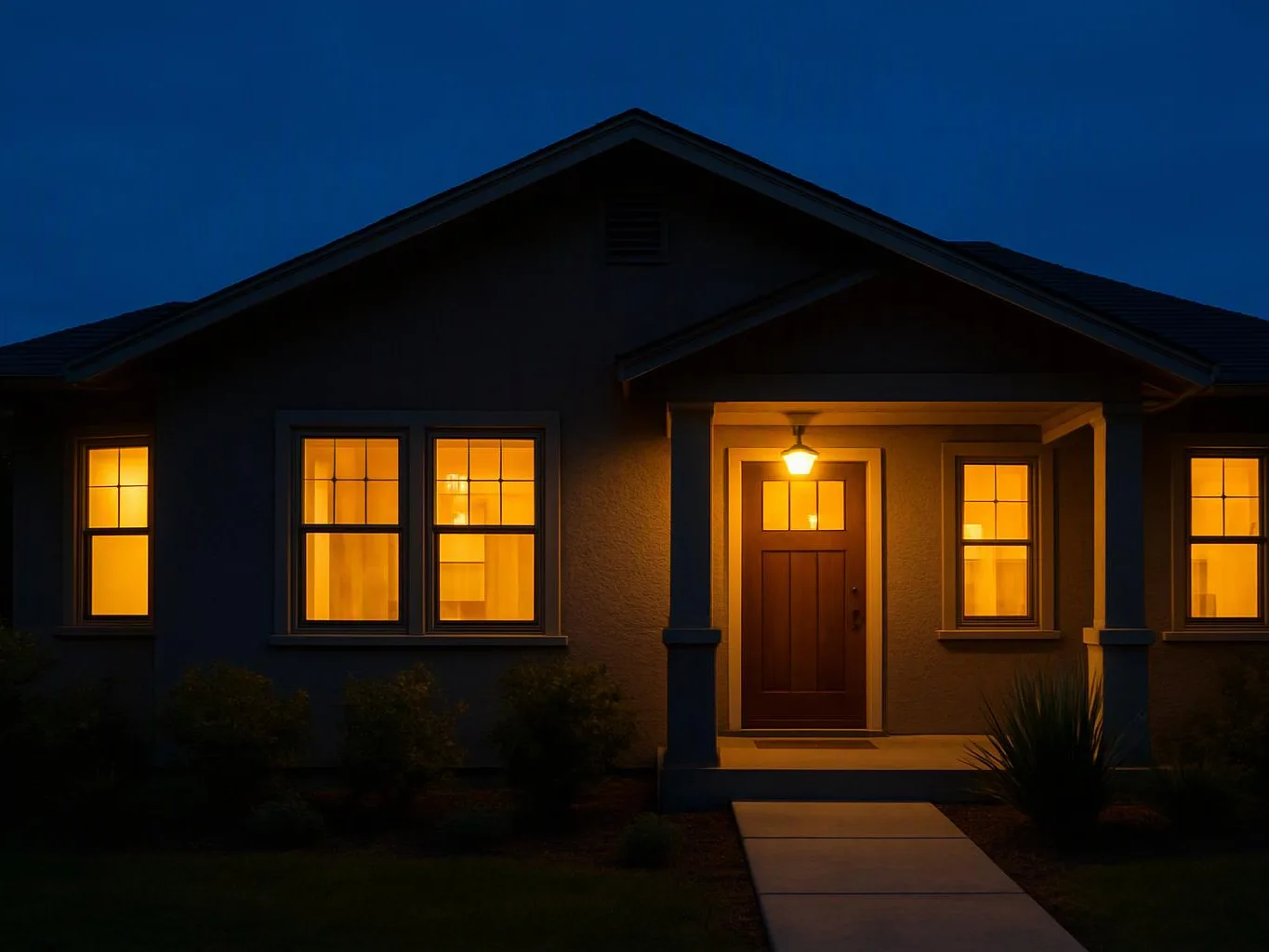 A dim house at dusk shows glowing windows, a lit front porch, and a walkway leading to the door