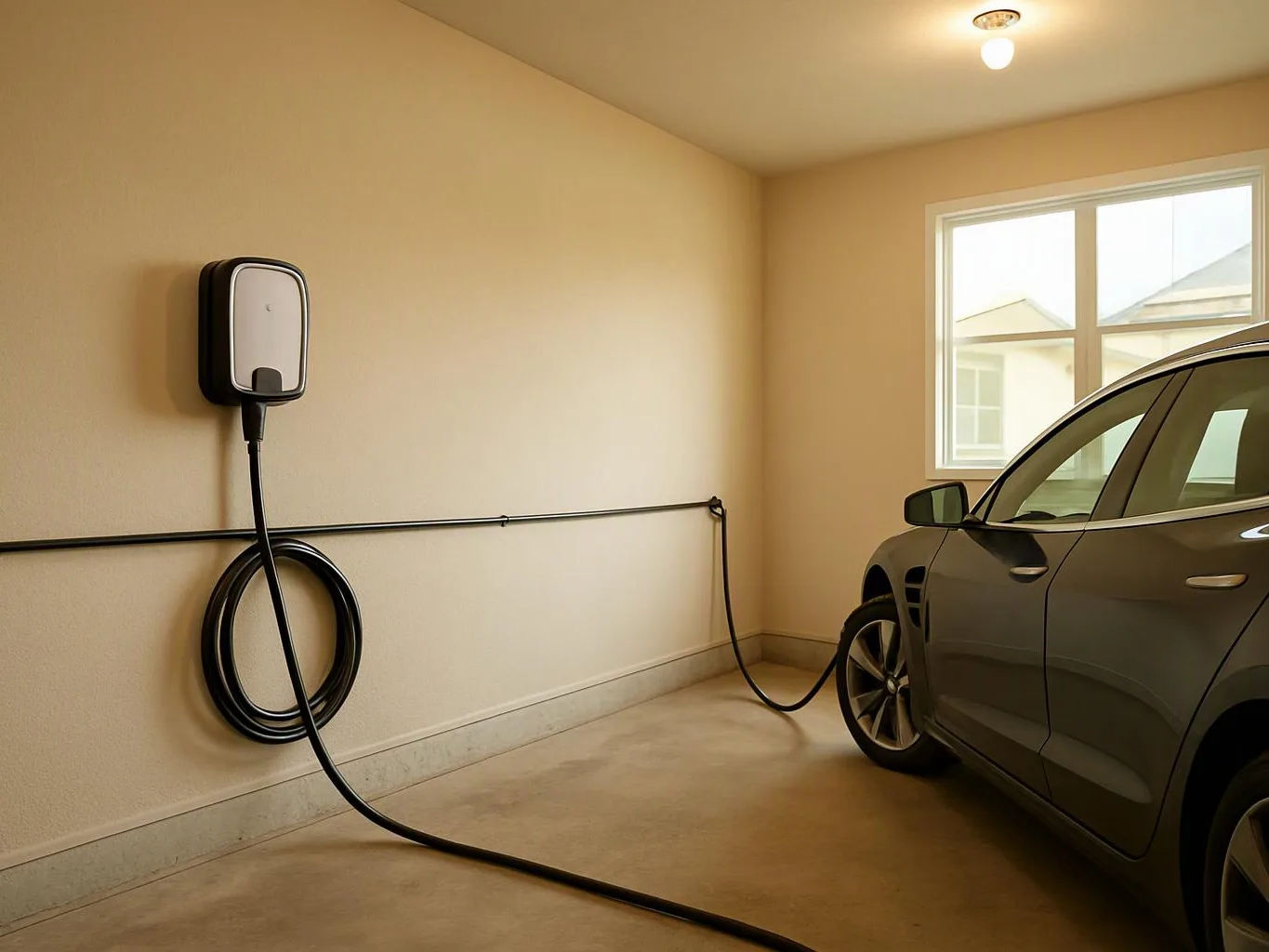 An electric car charges in a beige garage beside a wall-mounted charger and window