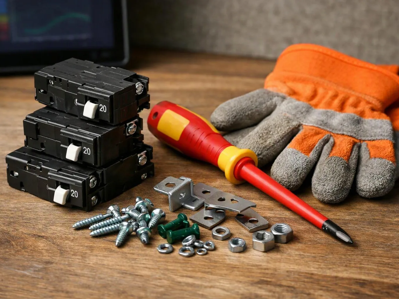 Electrical parts, screws, a screwdriver, and work gloves sit on a wooden tabletop