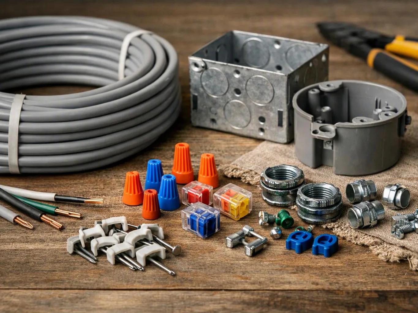 Electrical supplies and conduit fittings are arranged on a wooden table with tools and cable bundles