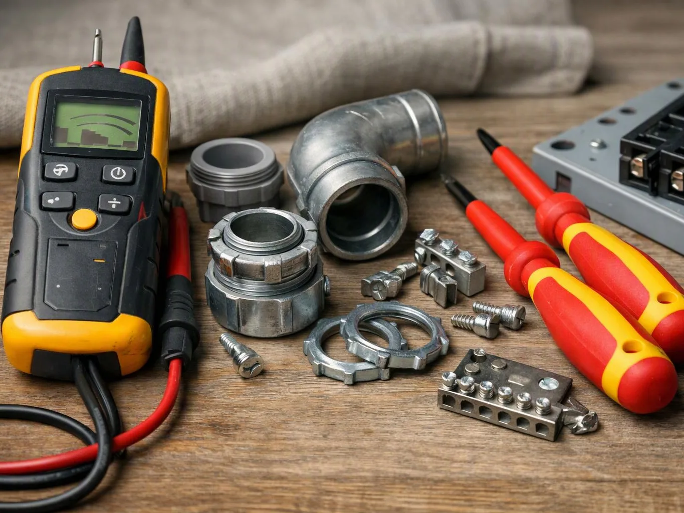 Electrical test tools and metal conduit parts lie on a wooden workbench with red-handled screwdrivers