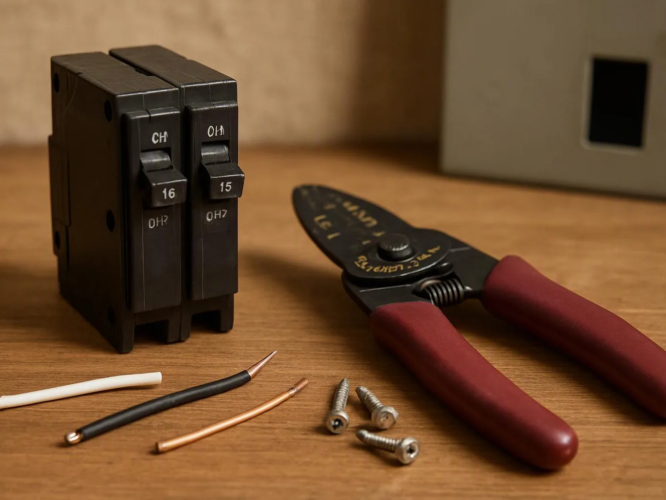 Electrical tools and breaker switches sit on a wooden tabletop with loose wires and screws