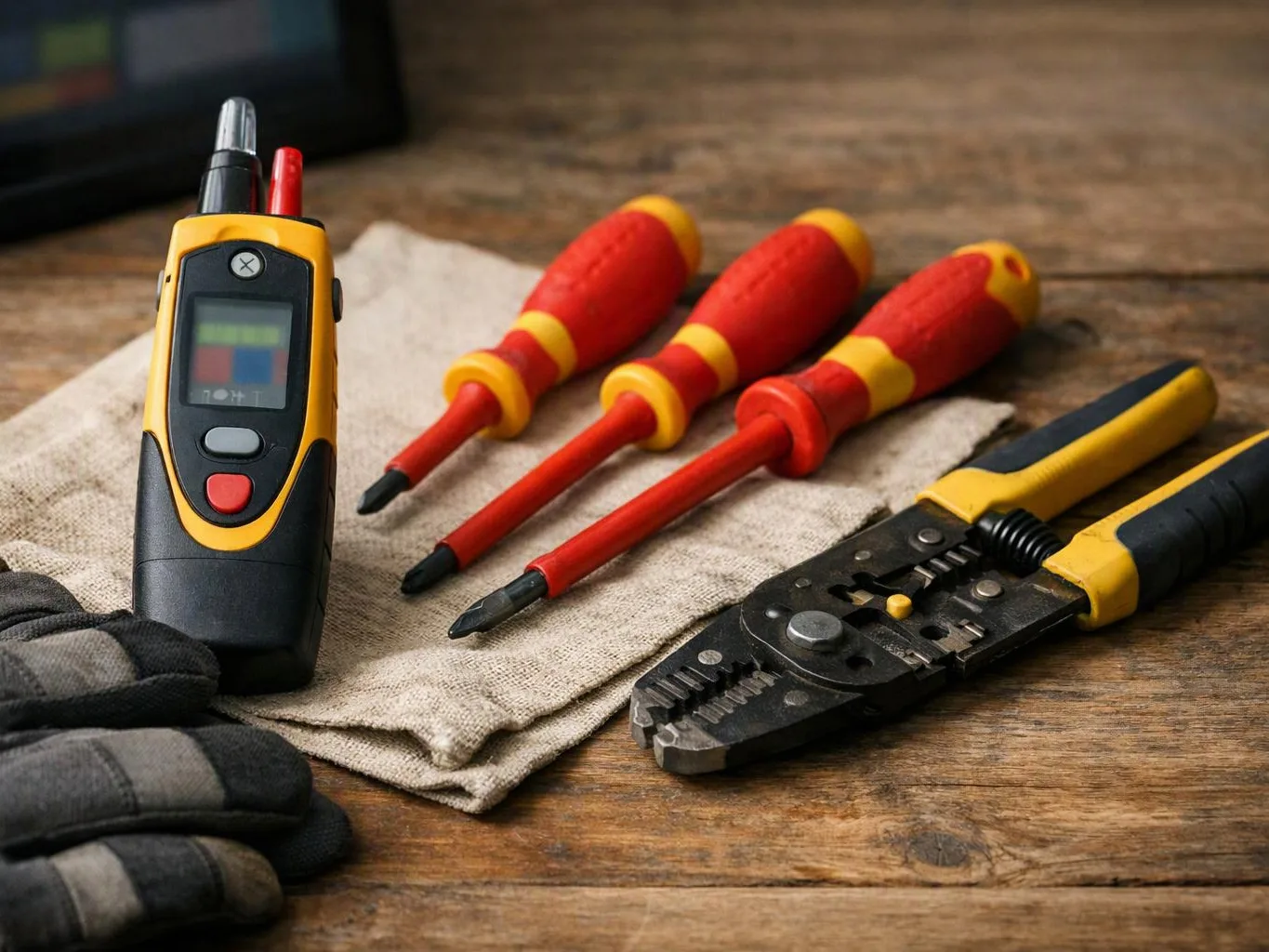 Electrical tools and gloves rest on a wooden table with a cloth mat