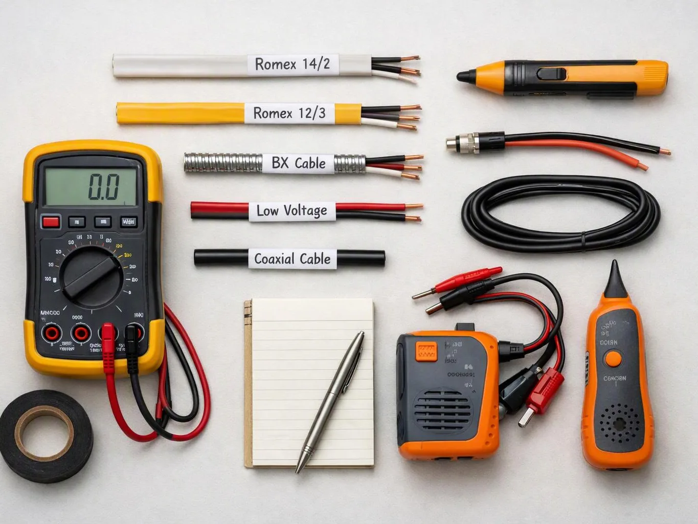 Electrical tools, labeled cable samples, a multimeter, tape, notebook, and test devices arranged on a white surface