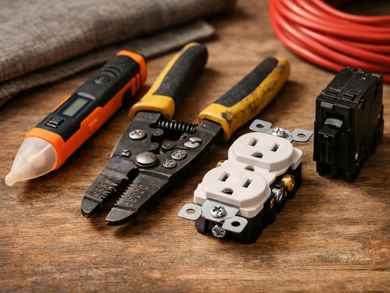 Electrical tools and parts lie on a wooden surface, including wire strippers, an outlet, a tester, and cables