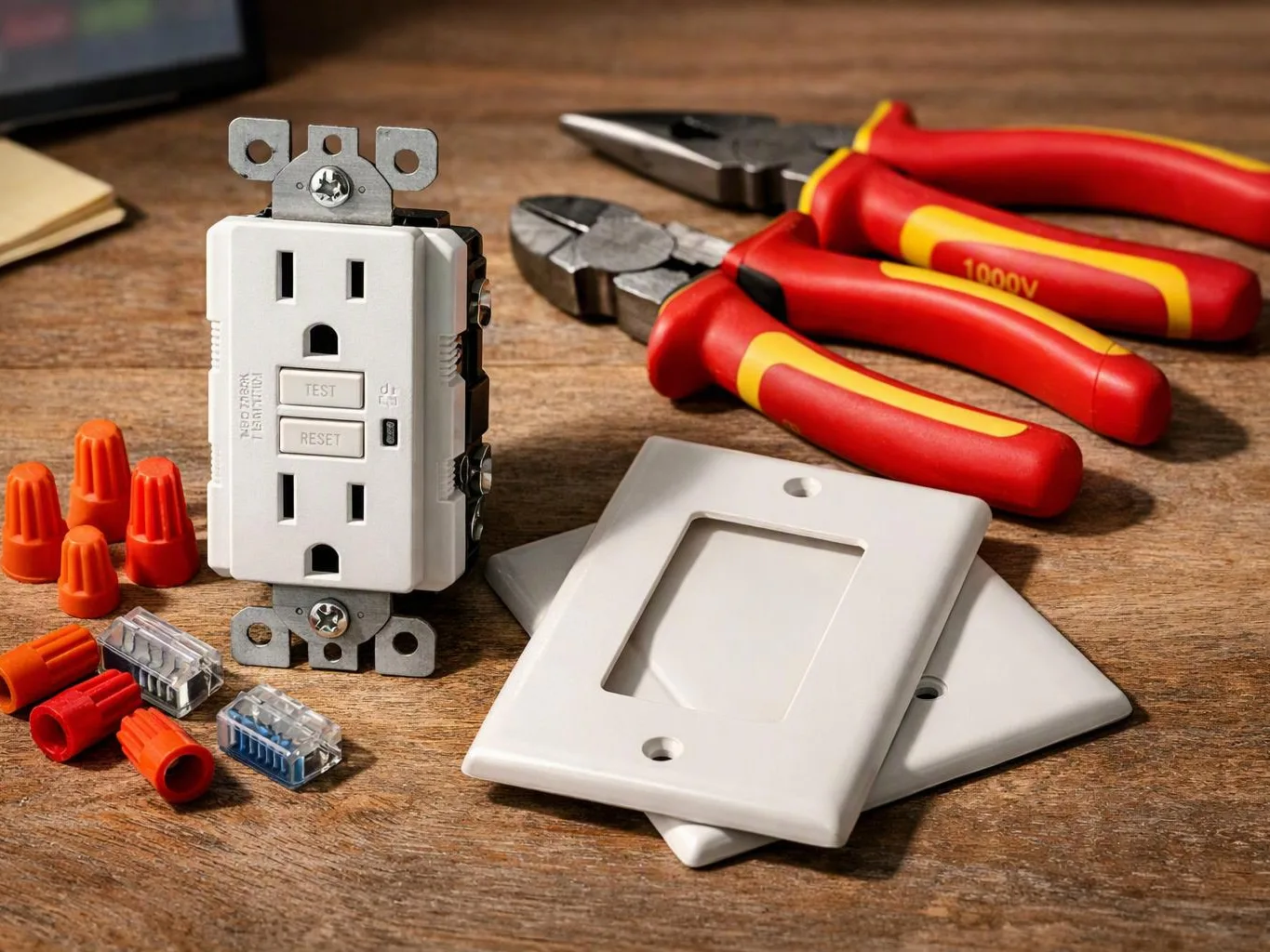 Electrical tools and parts sit on a wooden table beside a white outlet and cover plates