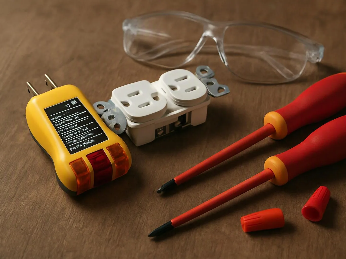Electrical tools and safety gear rest on a wooden surface, including a tester, outlet, screwdrivers, wire nuts, and glasses