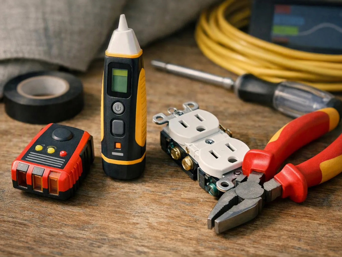 Electrical tools and supplies rest on a wooden table, including a tester, outlet, pliers, tape, and screwdriver
