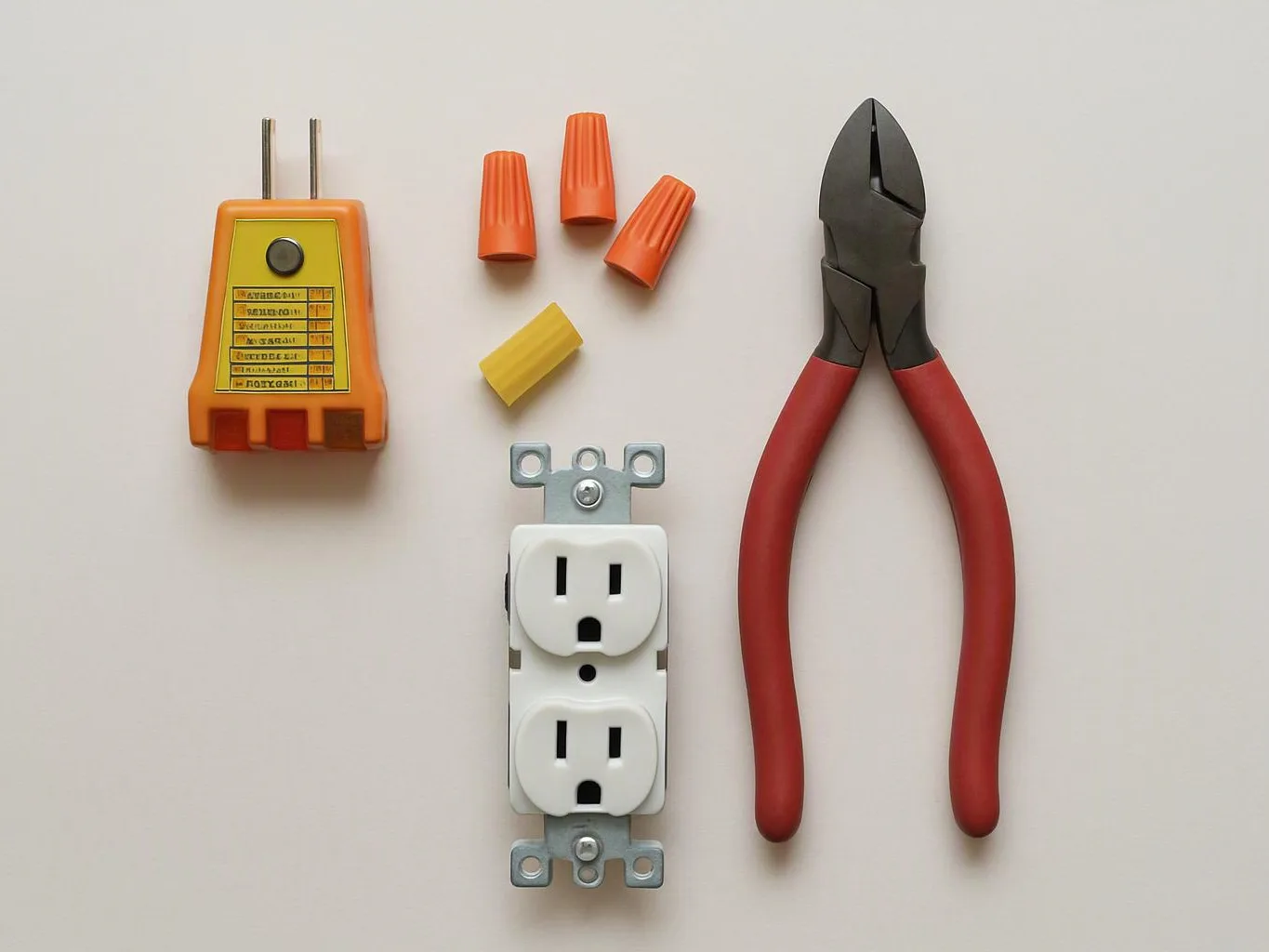 Electrical tools and a wall outlet are arranged on a plain light background