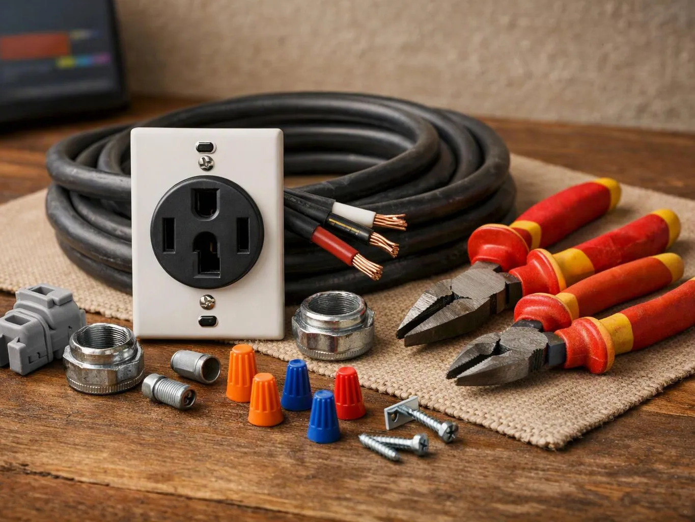 Electrician tools and wire fittings surround a wall outlet on a wooden table