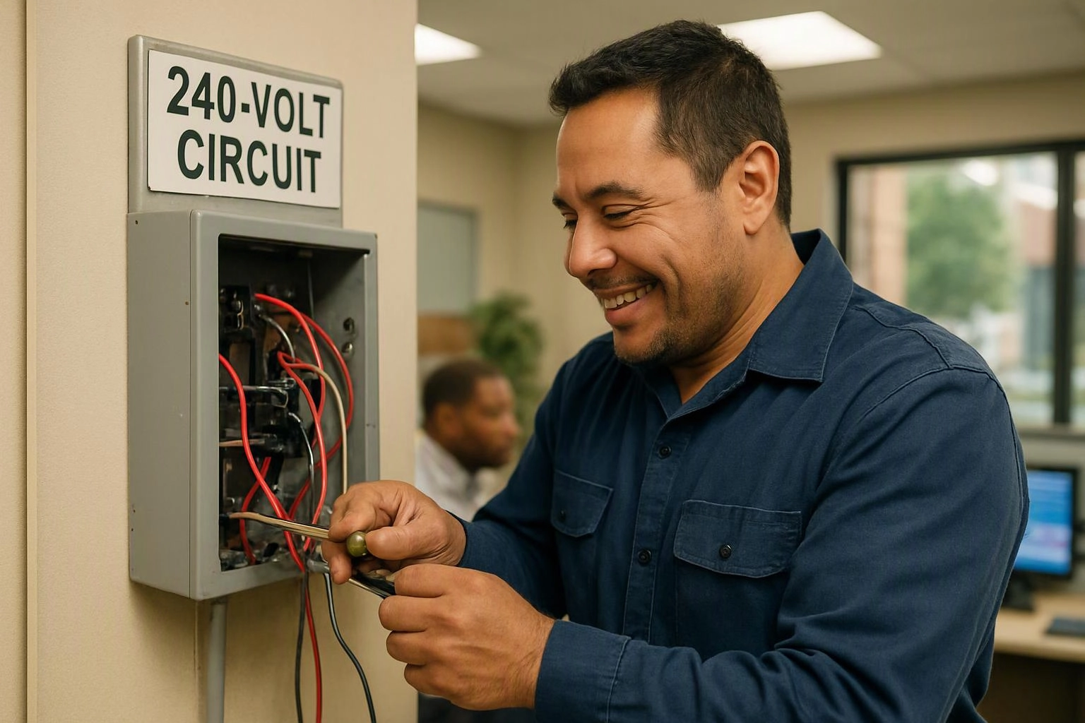 A smiling man works on exposed wires inside a wall-mounted electrical panel labeled 240-volt circuit