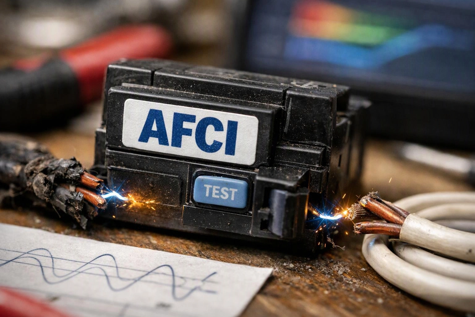 A burnt electrical breaker labeled AFCl sits on a workbench, with frayed wires sparking on both sides