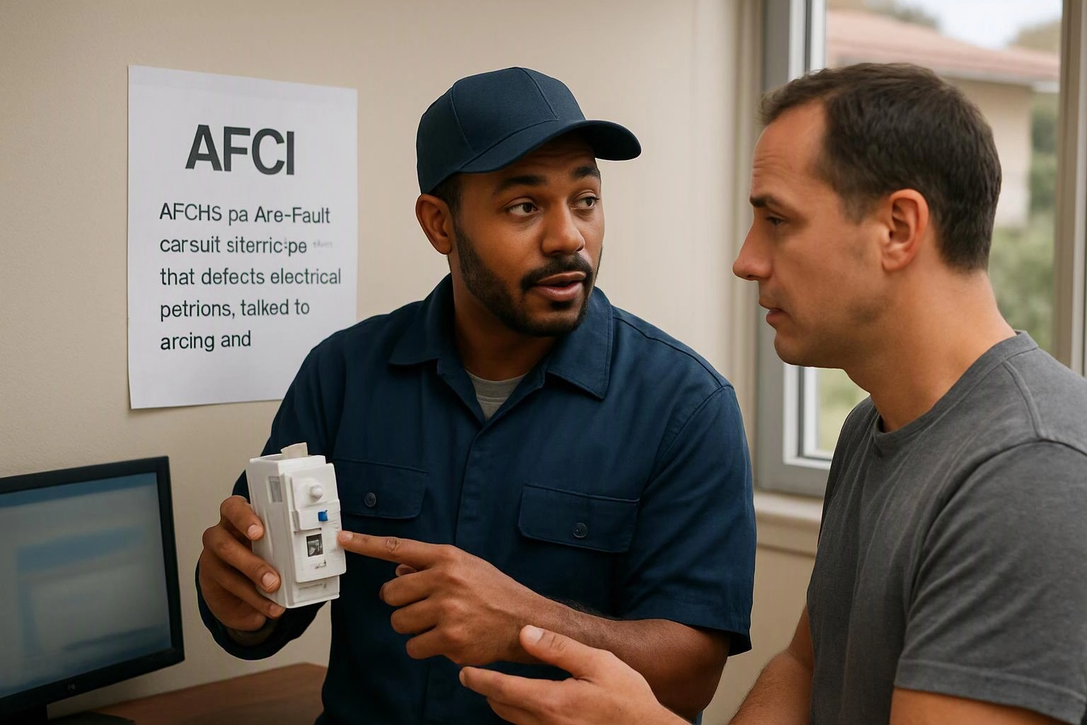 Two men discuss a white electrical device indoors beside a wall sign and window