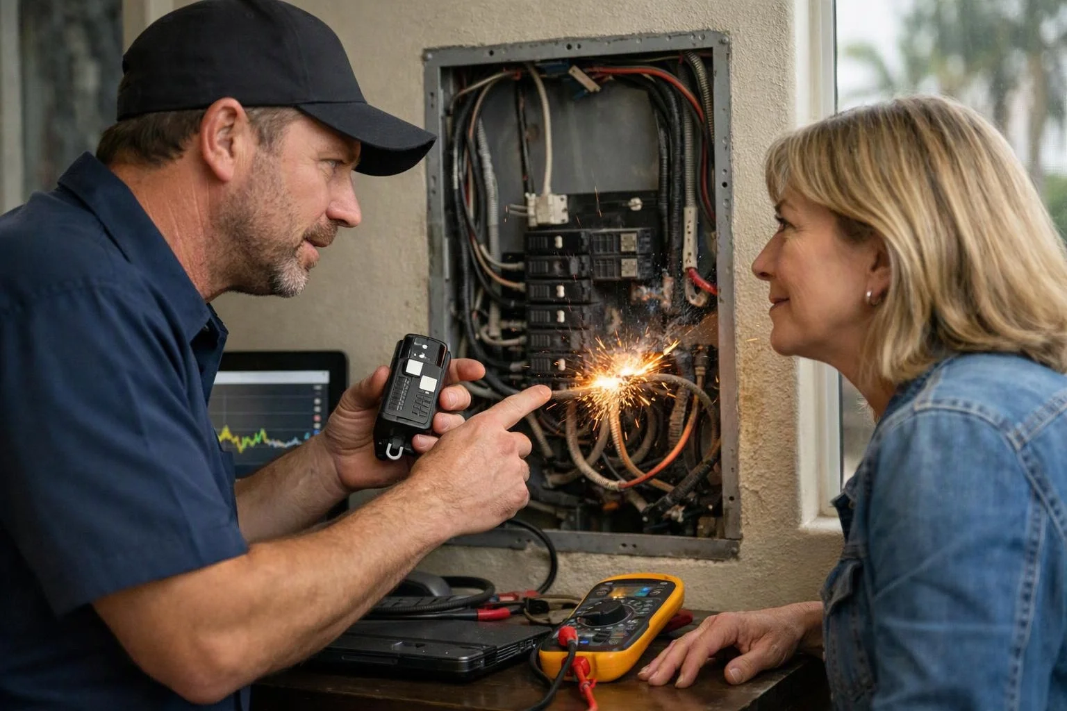 A man inspects an open electrical panel while sparks fly, and a woman watches beside him indoors