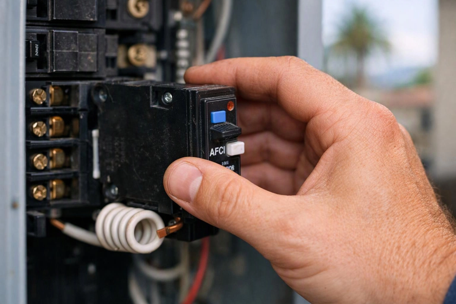 A hand is installing a black circuit breaker inside an electrical panel